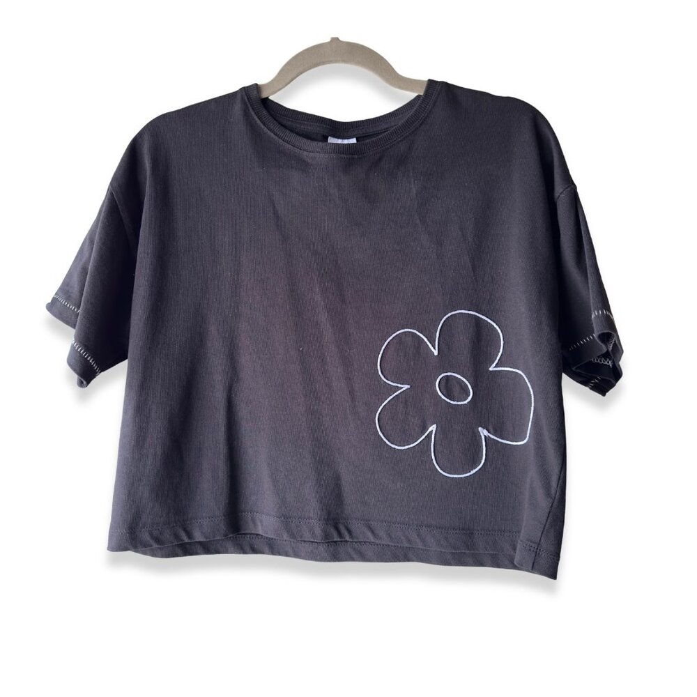 Zara Girls Size 13-14 Black Shirt with Embroidered Flower Outline